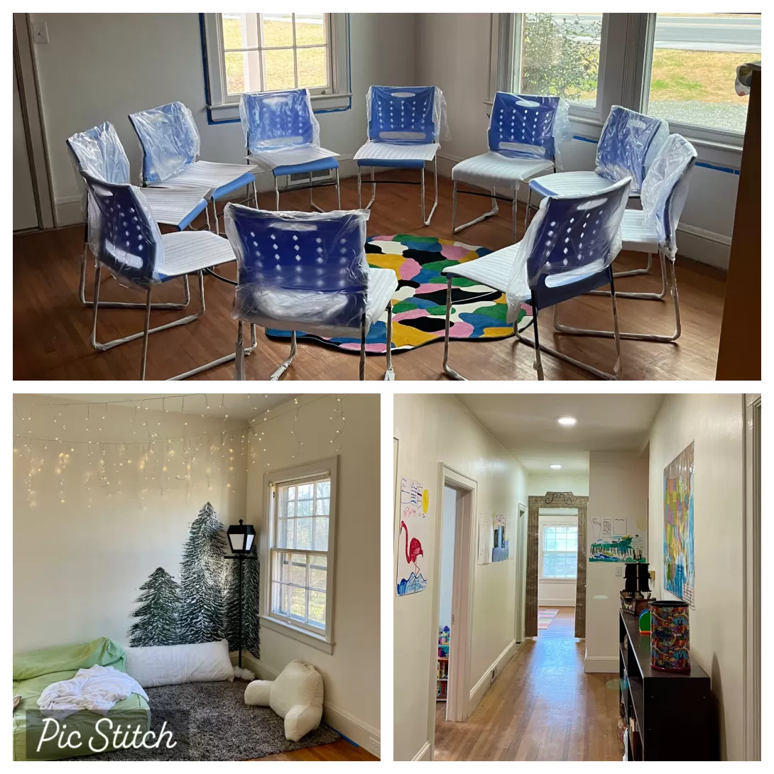 Photo collage of inside Creation Acre showing hallway, meeting room and a classroom